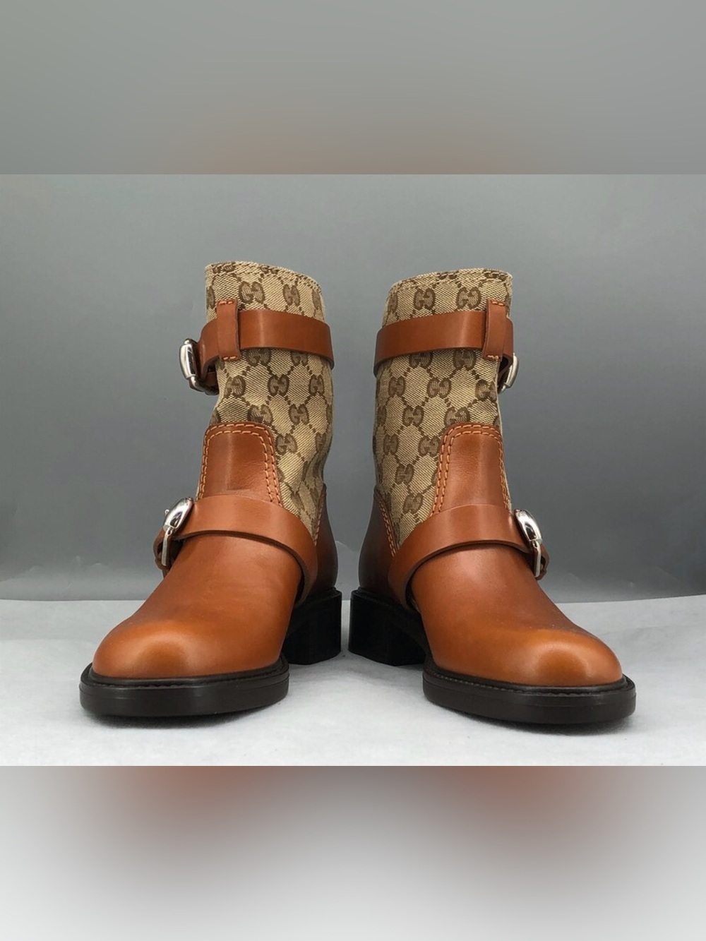 💯 authentic Gucci Tan Leather & Beige GG Canvas Ankle Boots